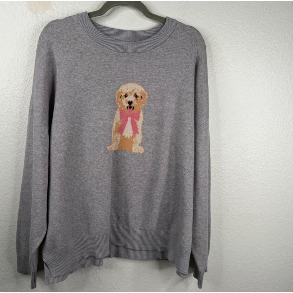 Sweater Sweatshirt Women's Gray Sz XL Dog Puppy Labrador Bow Preppy Novelty
